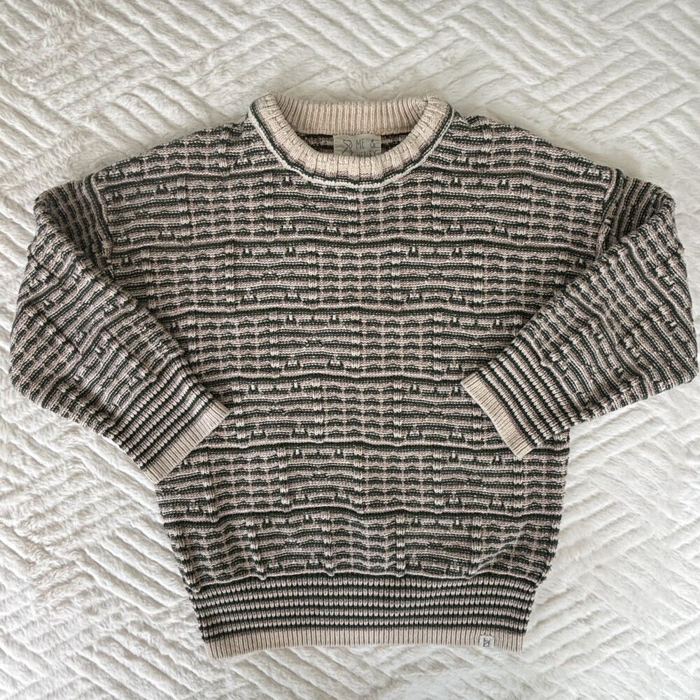 Me & Henry Boys Size 6/7 Green Beige Textured Cotton Knit Crewneck Sweater